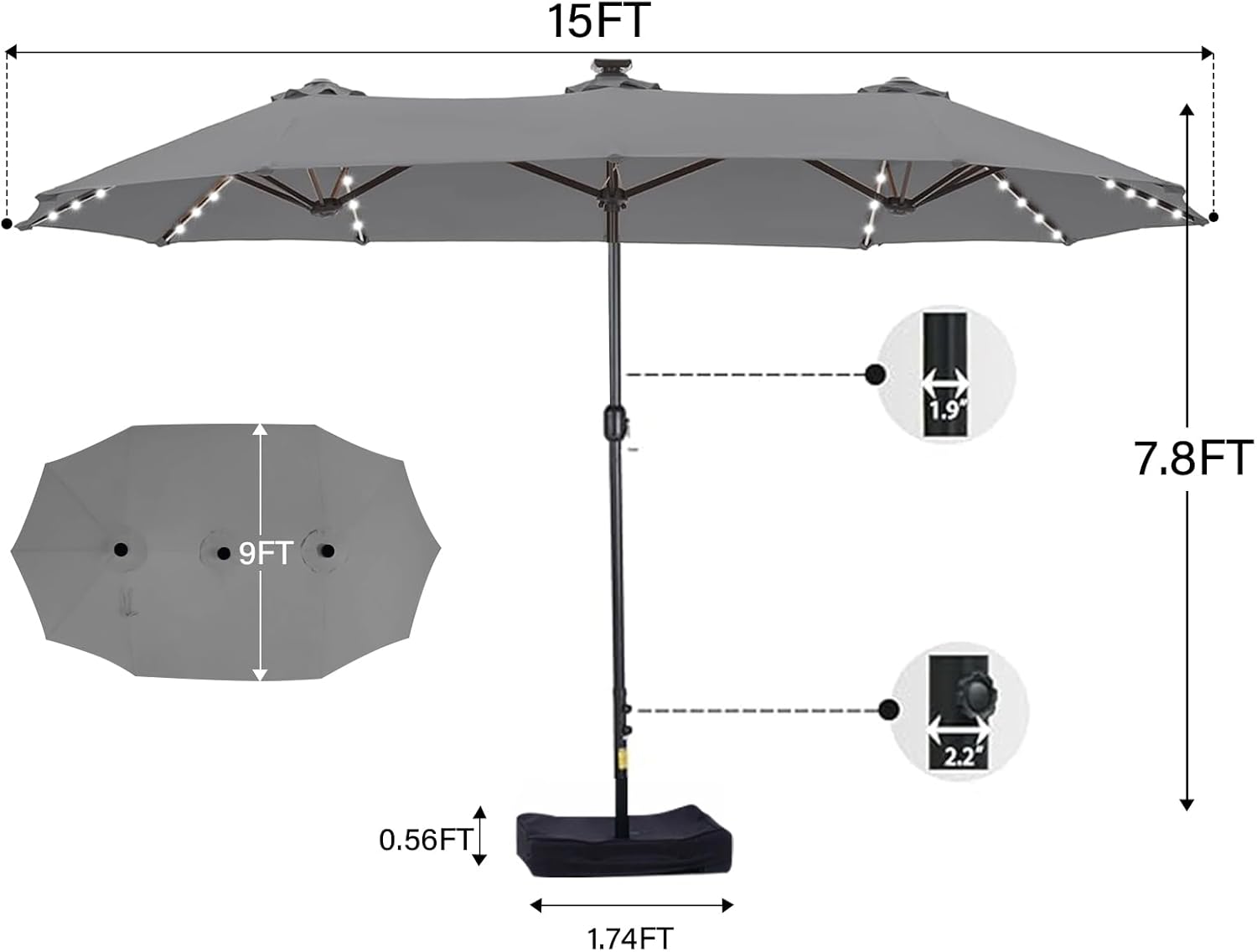 15ft Double Sided Patio Umbrella with Solar Lights, Outdoor Large Umbrellas with Crank Handle and 36 LED Lights, Rectangular Market Umbrella with Base Included for Deck Pool Shade (With Base)