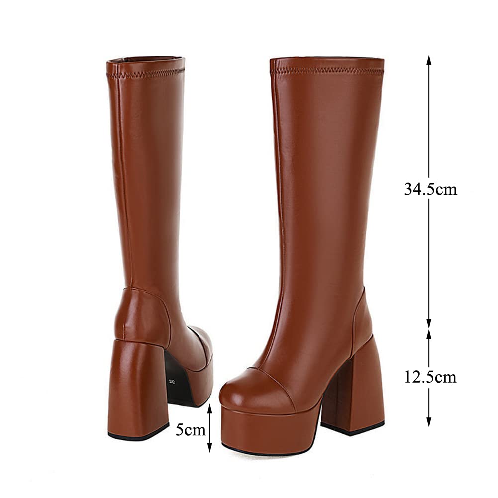 Plataforma Botas Altas hasta La Rodilla Tacón Ancho Botas De Montar con Cremallera para Mujer