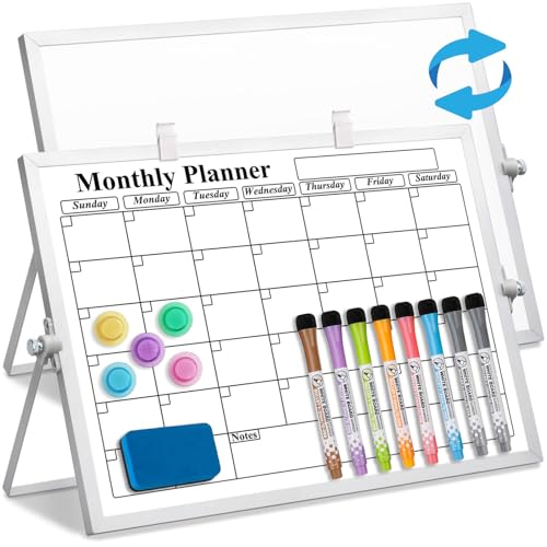 LISSCHANN Dry Erase Whiteboard Monthly Calendar with Stand 40 x 30 cm Double-Sided Desktop White Board Small A3 Magnetic Planning Board Set with 8 Markers 5 Magnets 2 Marker Holders & 1 Eraser