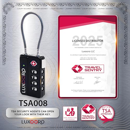 Tool-Less TSA Approved Luggage Lock with Alert Indicator, 4-Digit Resettable Combination, Durable Zinc Alloy Travel Locks for Suitcase, Backpack, Toolbox, Locker, Keyless – Black (4 Pack)3