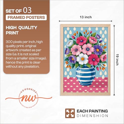 Image of NoWorries Modern Cat Illustration Wall Art Framed Painting Set of 3 | Minimalist Woman Portrait Prints with Frame | Colorful Floral Vase Artwork | Boho Scandinavian Home Decor Wall Frames for Living Room, Bedroom and Office Wall Gallery (Ready to Hang) (Art-11, 13x19inch, Wooden)