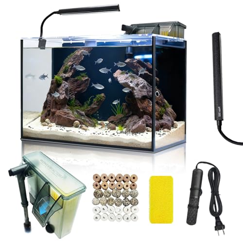 10 Gallon Aquarium Set Glass Fish Tank, with Heater Self Cleaning System Filter with Media Bright Light, Leak-Proof Clear Rimless Betta Tropical Freshwater Fish