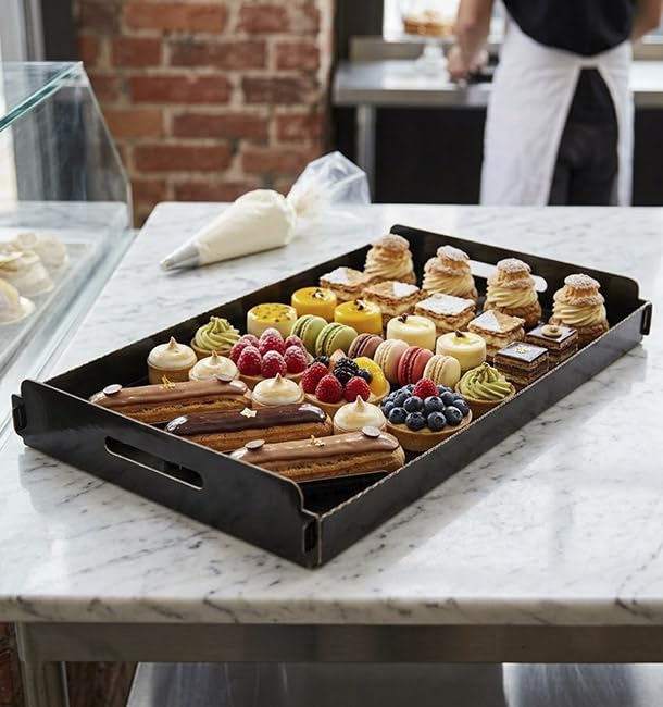 100 Bandejas de Cartón Rectangular con Asas, 28,5x38,5cm, Color Negro, Bandeja para Aperitivos, Canapés, Compostables, Reciclable, Ecológica