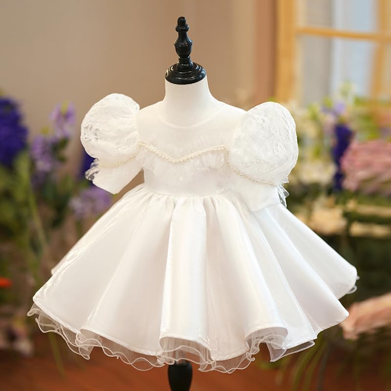 [SAIHIME] 子供ドレス 赤ちゃんワンピース 丸首 セレモニードレス パール 刺繡 バブルスリーブ ドレス お宮参り 発表会