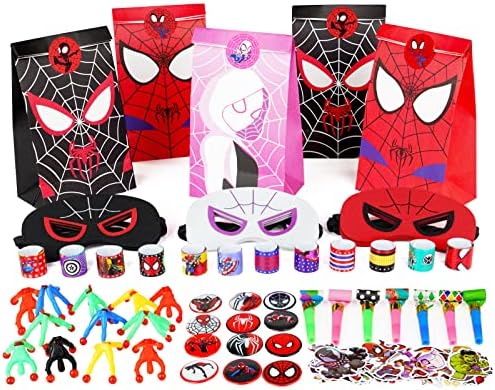 Spidermen Party Bags Fillers Set ,122Pcs Spider and His Friends Party Bags Favours Include Masks,Badge,Blowing Dragon, Stickers,Slap Bands, etc.Superhero Treat Bags Perfect for Kids Birthday Gifts