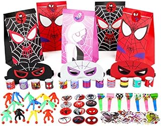 Spidermen Party Bags Fillers Set ,122Pcs Spider and His Friends Party Bags Favours Include Masks,Badge,Blowing Dragon, Stickers,Slap Bands, etc.Superhero Treat Bags Perfect for Kids Birthday Gifts