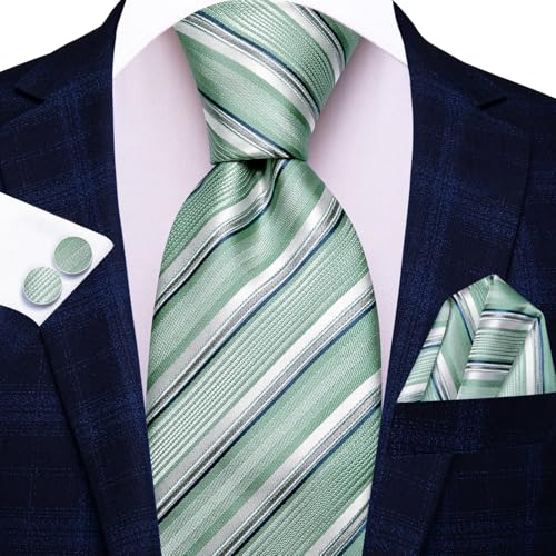 Image of Hi-Tie Men Ties Sets Silk Stripe Paisley Necktie Pocket Square Cufflinks for Business Wedding