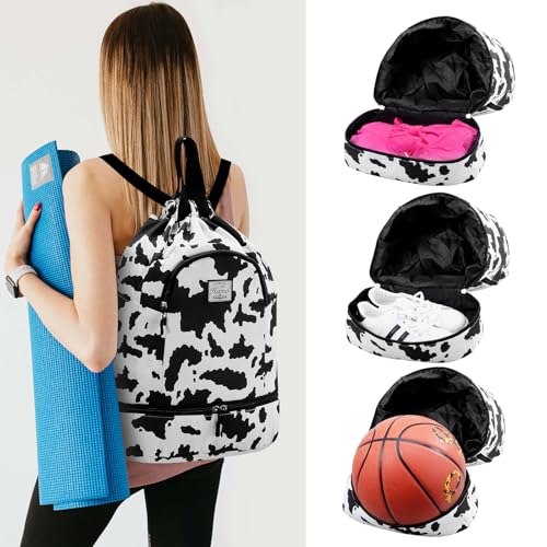 Image of Kamo Drawstring Backpack Bag - Sport Swimming Yoga Backpack with Shoe Compartment, Two Water Bottle Holder for Men Women Large String Backpack Athletic Sackpack for Travel