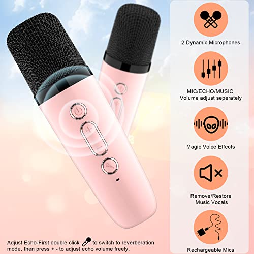 Yll Mini Karaoke Machine With 2 Wireless Microphones For Kids Adults, 18 Pre-Loaded Songs, Portable Bluetooth Speaker Toy Gift For Girls 4, 5, 6, 7, 8+ Years Old, Teens Birthday(Pink) #TOP3