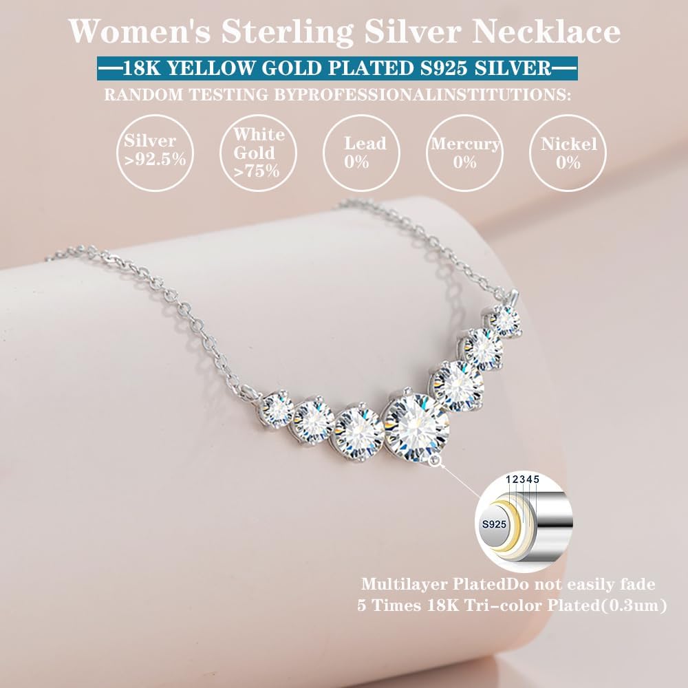 7 Stone Moissanite Tennis Pendant Necklace for Women | 1.7-5.0 Carat Total Weight Smile Curve Moissanite Necklace | 18k Gold Plated Sterling Silver | 16.5"+2.5" Adjustable Box Chain | Gift Ready with Jewelry Box & Authenticity Certificate