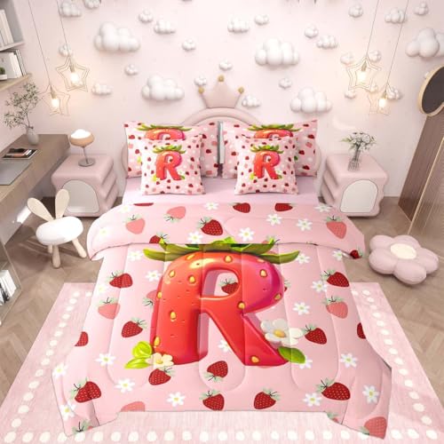 Image of Feelyou Girls Pink Red Strawberry Full Comforter Set with Sheets for Kids Boys Girls Initial Letter R 7 Pieces Bedding Set Princess Strawberry Bed in a Bag Room Decor Soft Lightweight Microfiber