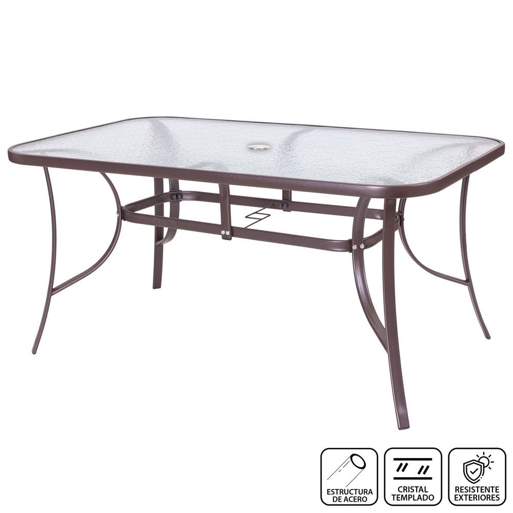 MONTY Mesa de Jardín Rectangular 150x90 cm de Acero Gris Topo con Tablero de Cristal Templado 5mm | Pintura Anticorrosión, Uso Exterior | para 4 Personas | Requiere Montaje | Classic