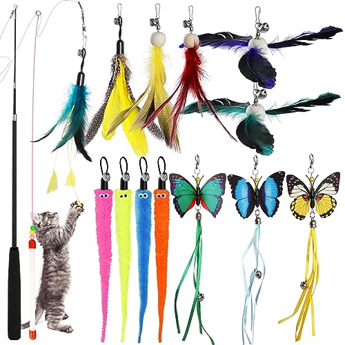 16 Pièces Jouets à Plumes pour Chats, Jouet Interactif pour Chat avec Baguette Rétractable et Plumeau de Remplacement avec Cloche Jouet Perche Télescopique pour l&rsquo;intérieur Chats et Chatons