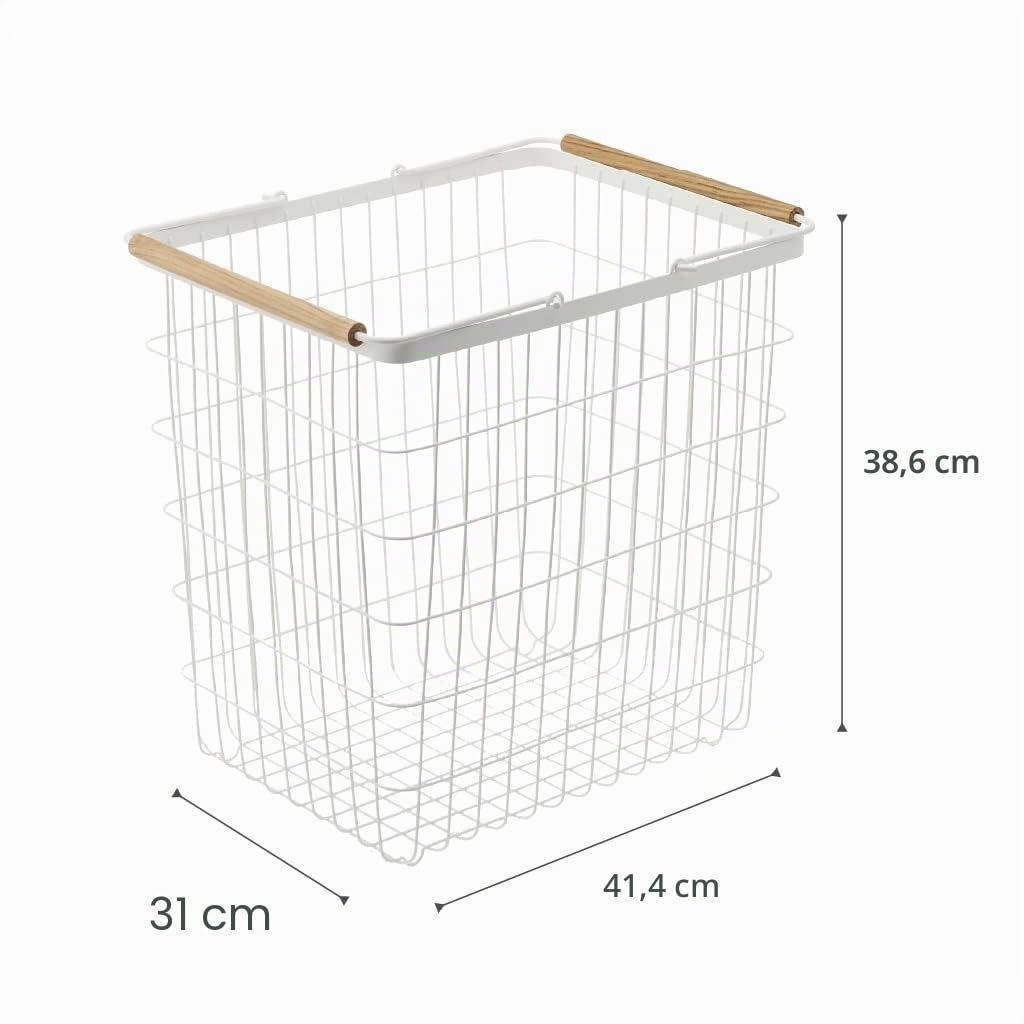 Yamazaki 2810 TOSCA Cesto para la ropa sucia grande, blanco, Acero/Madera, minimalista, 41.5 x 31 x 38.5 cm