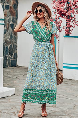 Image of PRETTYGARDEN Women Boho Summer Side Split Deep V Neck Short Sleeves Maxi Dress with Belt