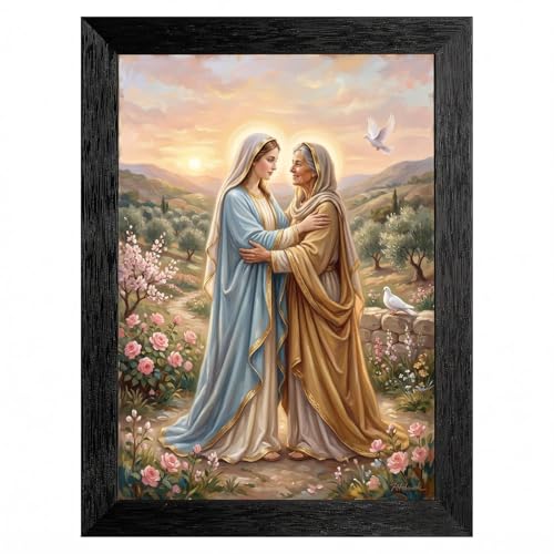 Framed Canvas Wall Art Luminous Oil Painting The Visitation Mary and Elizabeth Soft Pastel Sunset Canvas Print Poster Black Frame Wall Decor for Living Room Bedroom 8x10 Inch