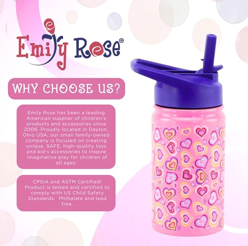 Emily Rose Kids Water Bottle | 12 Ounce Insulated Water Bottle For Kids | Bpa Free Stainless Steel Bottle For Travel And School | Leak Proof Kids Water Bottle With 2 Straws (Playful Hearts Design) #TOP3