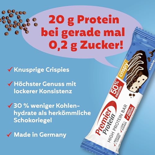 Premier Protein - High Protein Bar 50%+Crispy - Cookie - 16x40g - Low Sugar - Low Carb - palmölfrei