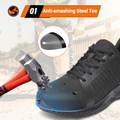 LUPWEE Steel Toe Shoes for Men Slip Resistant Safety Work Shoes Puncture Proof Comfortable Indestructible Sneakers Industry Construction Warehouse Black 44