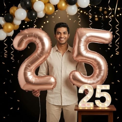 Image of Balloonistics Rose Gold 40-Inch Foil Number 25 Balloon with Matching LED Marquee Light - Combo Set for 25th Birthday, Anniversary, Party Decoration, Photo Booth Backdrop