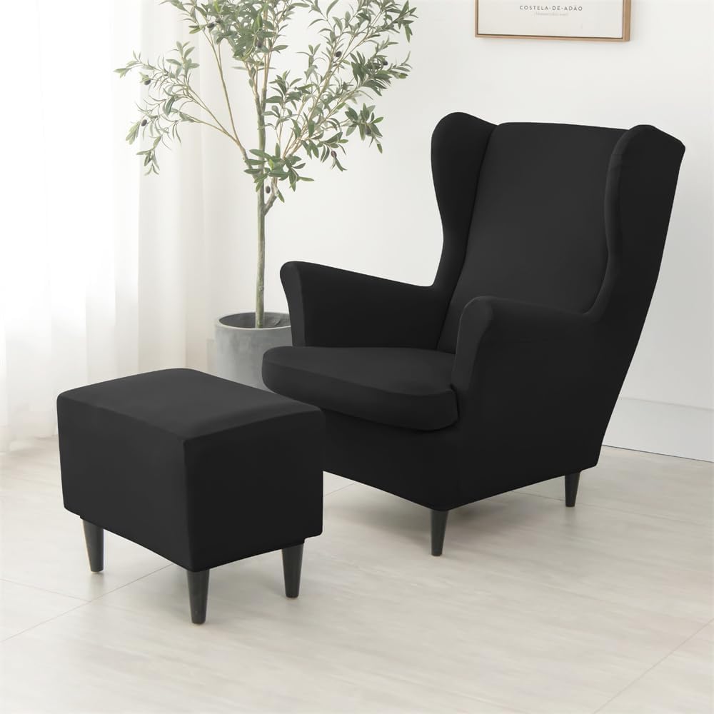 Wingback Chair Covers 2 Piece with Ottoman Cover, Stretch Wing Chair Slipcover, Washable Spandex Sofa Cover Furniture Protector for Armchair Chairs Bedroom (Black)