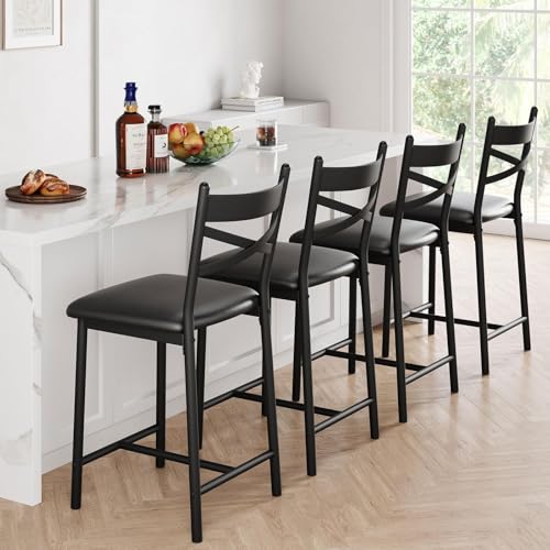 Garvee Bar Stools Set of 4, Counter Height Bar Chairs with Back and Thick Cushion, Upholstered Dining Chairs with Padded Seat, Barstools for Kitchen Island, Bar, Dining Room, Modern Black