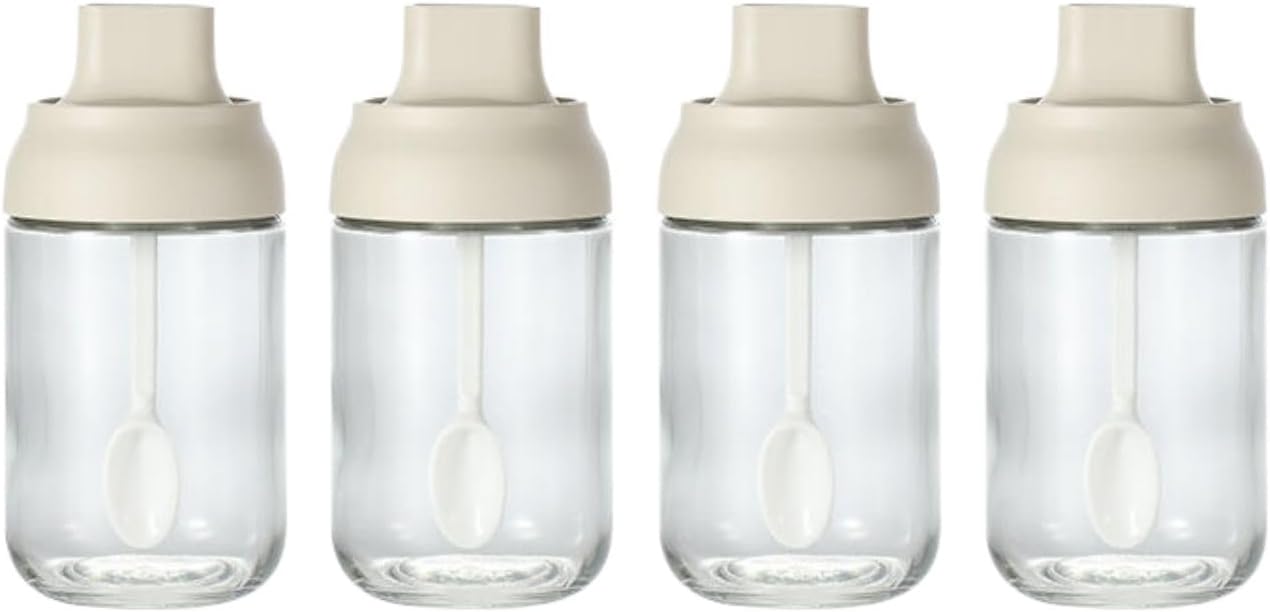 调料罐套装 No Drilling Shelves for Bathroom Storage & Home Decor,勺盖盐味精调料盒家用厨房调味料瓶盐罐油壶 Oil Sprayer for Cooking,Dispenser Bottle for Kitchen Cooking,-250ml【4瓶】勺盖＋玻璃调料罐.