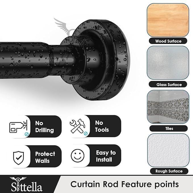 Image of SITTELLA (155Cm To 290Cm) Extendable Shower Curtain Tension Rod Non-Drilling Anti-Skid Spring Pull Rod - Stainless Steel, Black