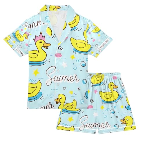 senya Duck Swimming Circle Satin Summer Pajama Sets Silk Short Sleeve Button Down Sleepwear
