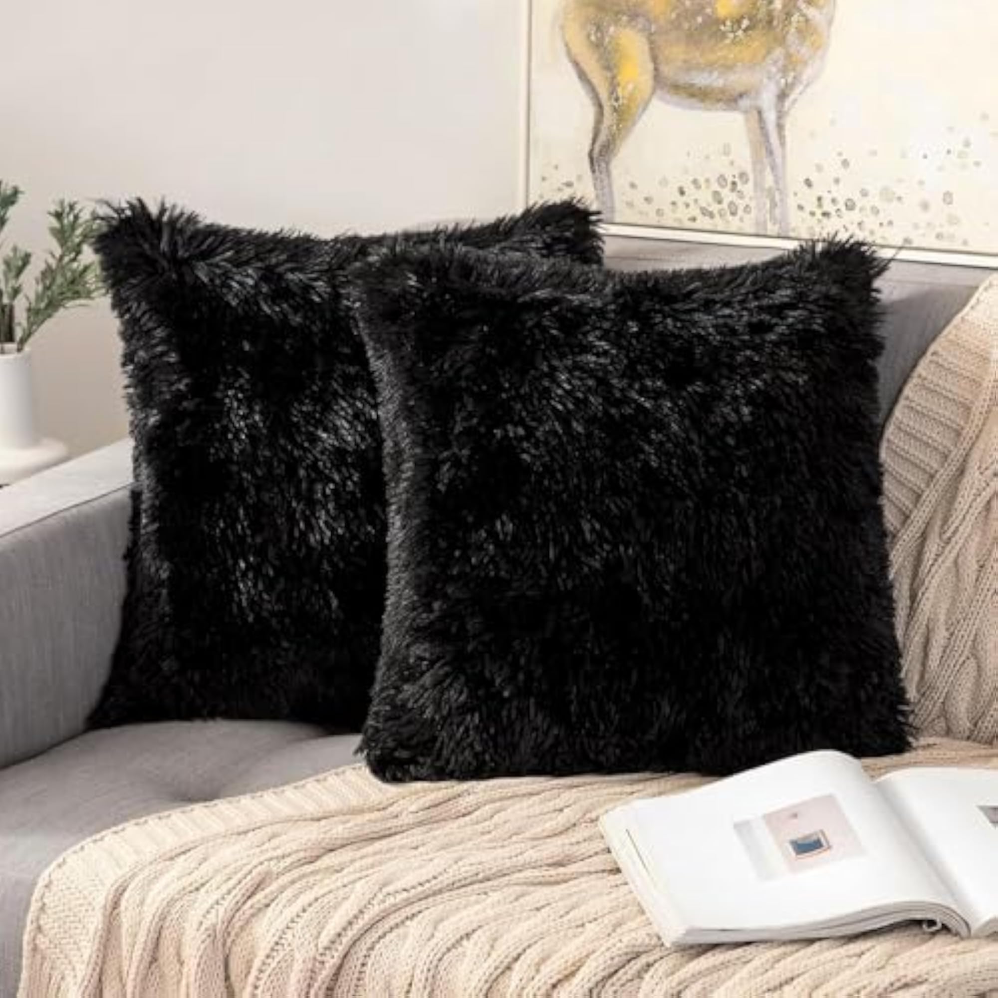 Pack of 4 Hot Pink & Black Furry Cushion Covers