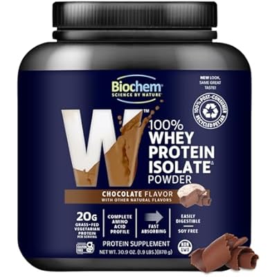 Biochem 100% Whey Isolate Protein Powder, Chocolate Flavor, 20g Grass-Fed Protein, Keto Friendly, Gluten Free, Vegetarian, Easily Digestible, 30.9 oz, 28 Servings