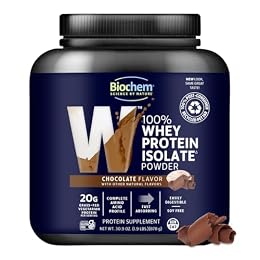 Biochem 100% Whey Isolate Protein Powder, Chocolate Flavor, 20g Grass-Fed Protein, Keto Friendly, Gluten Free, Vegetarian, Easily Digestible, 30.9 oz, 28 Servings