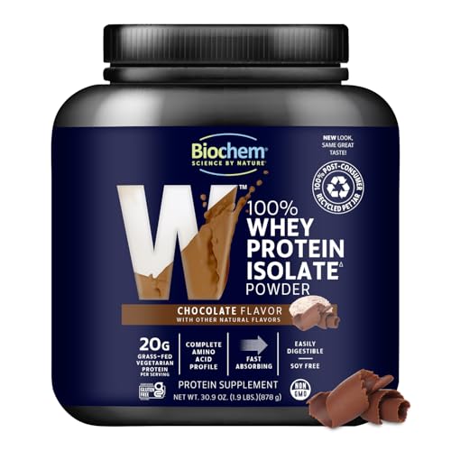 Biochem 100% Whey Isolate Protein Powder, Chocolate Flavor, 20g Grass-Fed Protein, Keto Friendly, Gluten Free, Vegetarian, Easily Digestible, 30.9 oz, 28 Servings