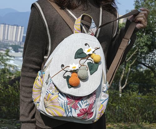 Image of Small Canvas Backpack, Retro Boho Washed Hippie for Women Daily Commute (Gourd Decorations)