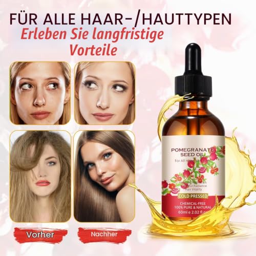 Foto von Granatapfelkernöl 100% kaltgepresst – reines Pomegranate Seed Oil für Haut & Haare – natürliches Gesichtsöl mit Antioxidantien – unterstützt Hautelastizität & glänzendes Haar – ohne Zusätze