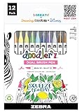 Zebra Pen, doodler’z Dual Brush Pens, Assorted Colors, Flexible Brush Tip and Fine Bullet Tip for Journaling, Hand Lettering, Coloring, Water-Based Ink, Blendable and Layer-Friendly, 12-Pack (61002)