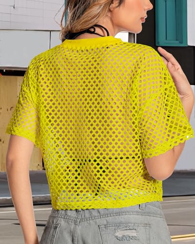 Image of Women's Mesh Top Fishnet T Shirts Sheer Loose Short Sleeve See Through Crop Tops