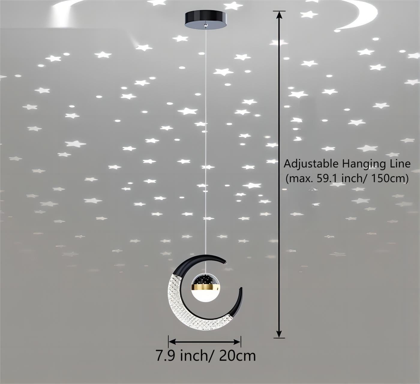 7.9-Inch Moon Shaped Star Bedside Pendant, Acrylic Pendant Light, Modern LED Pendant for Bedroom, Living Room - 2-Piece Set, Black Warm Light