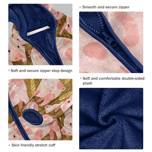 Pigs in Wheat Field Pattern Toddler Fleece Jacket Girl Boys Hooded Fleece Jacket Coat Warm Outwear Zip-up 3-10T3