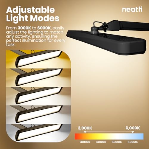 Neatfi XL 2,500 lumenów lampa stołowa LED, 30 W, super jasna biurkowa, 5 tryby oświetlenia, 324 sztuki SMD-LED, szerokość 56 CM (CCT z Podstawą, Czarny)