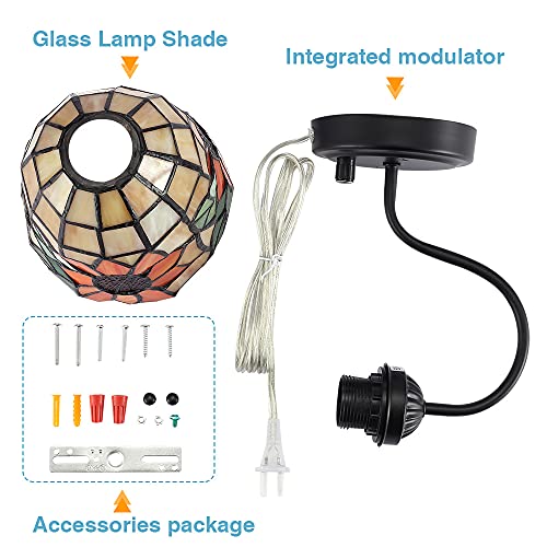 Tiffany Bedside Wall Mount Lamp with Dimmable Switch, Industrial Vintage Gooseneck Wall Sconce with Plug in Cord, Flowers Stained Glass Shade Wall Light Perfect for Bedroom, Living Room and Hotel by DENGMALL - Used condition - Image 9