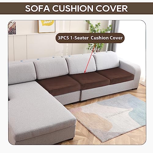 Necolorlife Velvet Sectional Sofa Cover Universal Couch Covers Thick Sofa Seat Covers Stretch Couch Cushion Cover With Elastic Band For Large Sectional Couch (3Pcs 1-Seater Cushion Cover,Brown) #TOP5