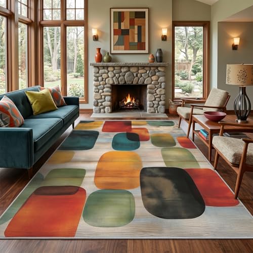 Tzvjxln Mid Century Geometric Area Rug 5x8 ft, Retro Color Block Abstract Statement Rug, Low Pile Non-Slip Washable Indoor Rug for Living Room Bedroom