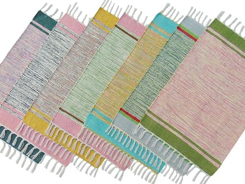 Image of MDZ Hand Woven Cotton Modern Assorted Border Rug | Size: 16 inchx24 inch Inch or 40x60 cm | Color: Assorted Multi | Machine Washable | Eco Friendly | Multi Uses (Combo of 7 Pcs.)