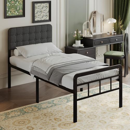 EMODA Cama Individual 90x190 cm con Cabecero Acolchado y Pie de Cama Metálico, Estructura Cama de Sólidas Largueros de Acero Alto 46 cm, Amplio Almacenamiento Inferior, Montaje Sencillo