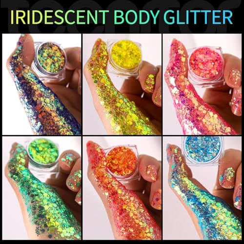 Festival Glitzer Gesicht, 12 Stück Body Glitter Gel Chunky Sequin Face Body Glitter Festival Zubehör Accessoires Gadget, Haar Glitzer Festival Gesichtsglitzer Halloween Schminke Karneval Körperglitzer