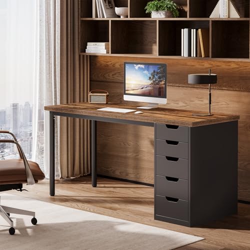 Tribesigns Modern Simple Computer Desk, 47 Inches PC Desk with 5 Reversible Drawers, Rustic Brown Study Writing Table Workstation for Home Office Small Spaces (Brown+Black)