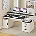 TVU Farmhouse Computer Desk with Drawers, 65'' Home Office Desk with Power Outlets, Storage Cabinet and Printer Stand, Study Writing Desks with Long Monitor Stand, Black and White