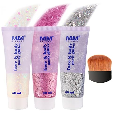 3 Farben Glitzer Gesicht, Glitzergel für Körper 50ml, Meerjungfrau Funkelnde Pailletten Körperglitzer Flüssigkeit für Kosmetik Gesicht Haar Lippen Nagel, Lang Anhaltende Funkelnde, für Festival Party Cover