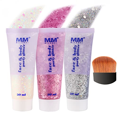 3 Colores Gel Corporal con Purpurina 50ml, Sirena Brillantina para Cara y Cuerpo, Gel Lentejuelas Brillo Líquido para el Maquillaje para Ojos, Labios, Pelo, Uñas, para Fiestas de Máscaras, Festival Cover